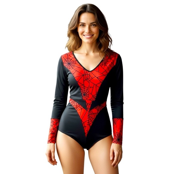 Fredrick's of Hollywood V-Neck Spiderwoman Long Sleeve Bodysuit Black/Red Medium - Picture 3 of 17